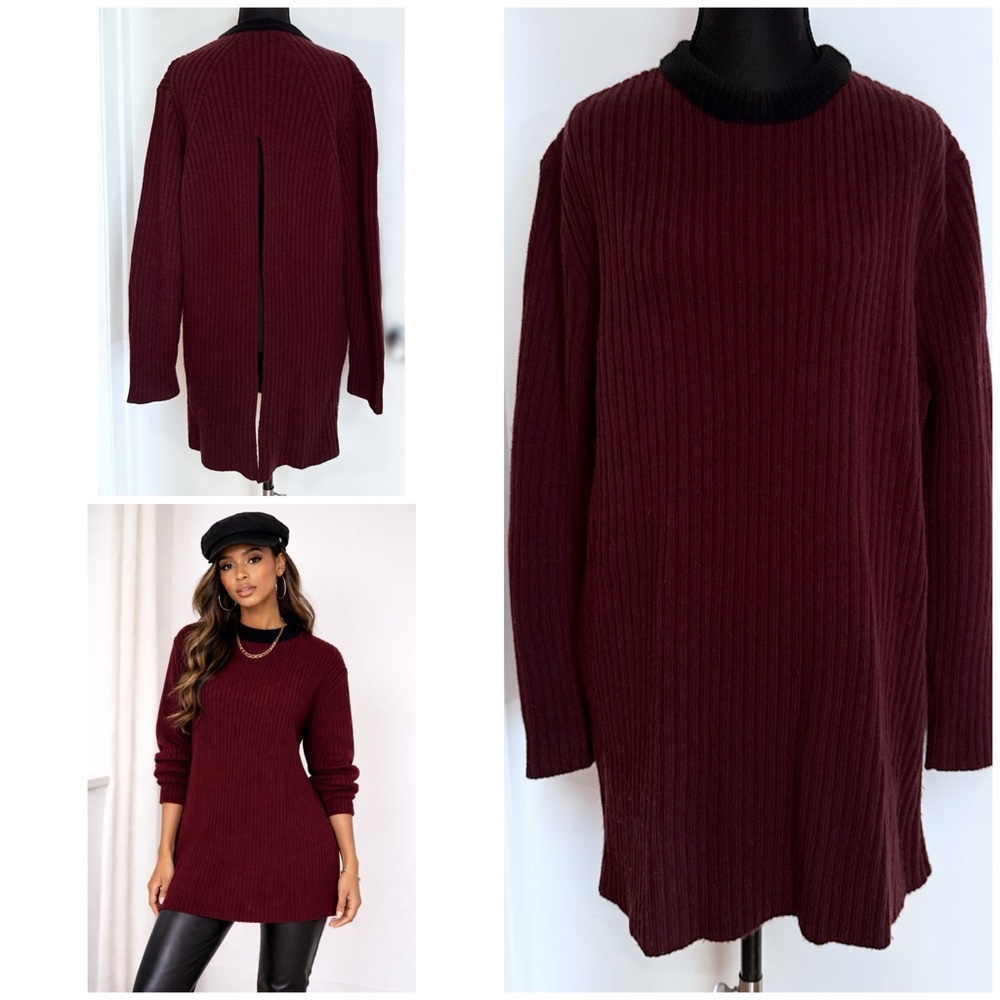 Marni 100% Virgin Wool Black and Burgundy Knit Colorblock V Back Tunic Sweater 4